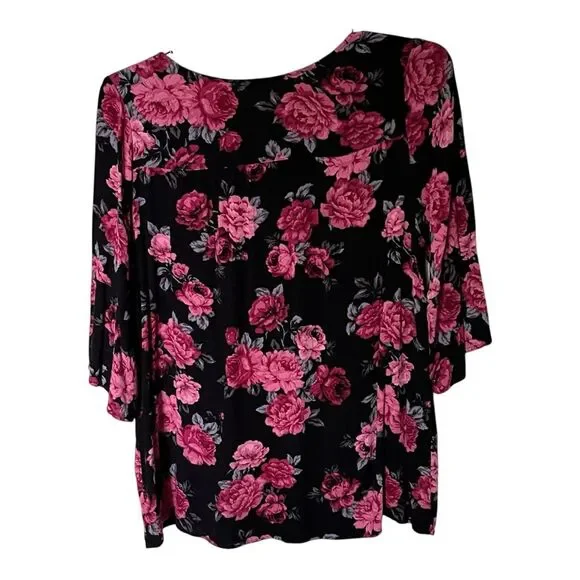 Torrid Black Floral Crepe Strappy Blouse Shirt Top with 3/4 Sleeves Size 2/2X - Picture 3 of 11